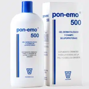 Flacon de 500ml și cutie cu gel de duș și șampon dermatologic pentru ten gras și păr gras