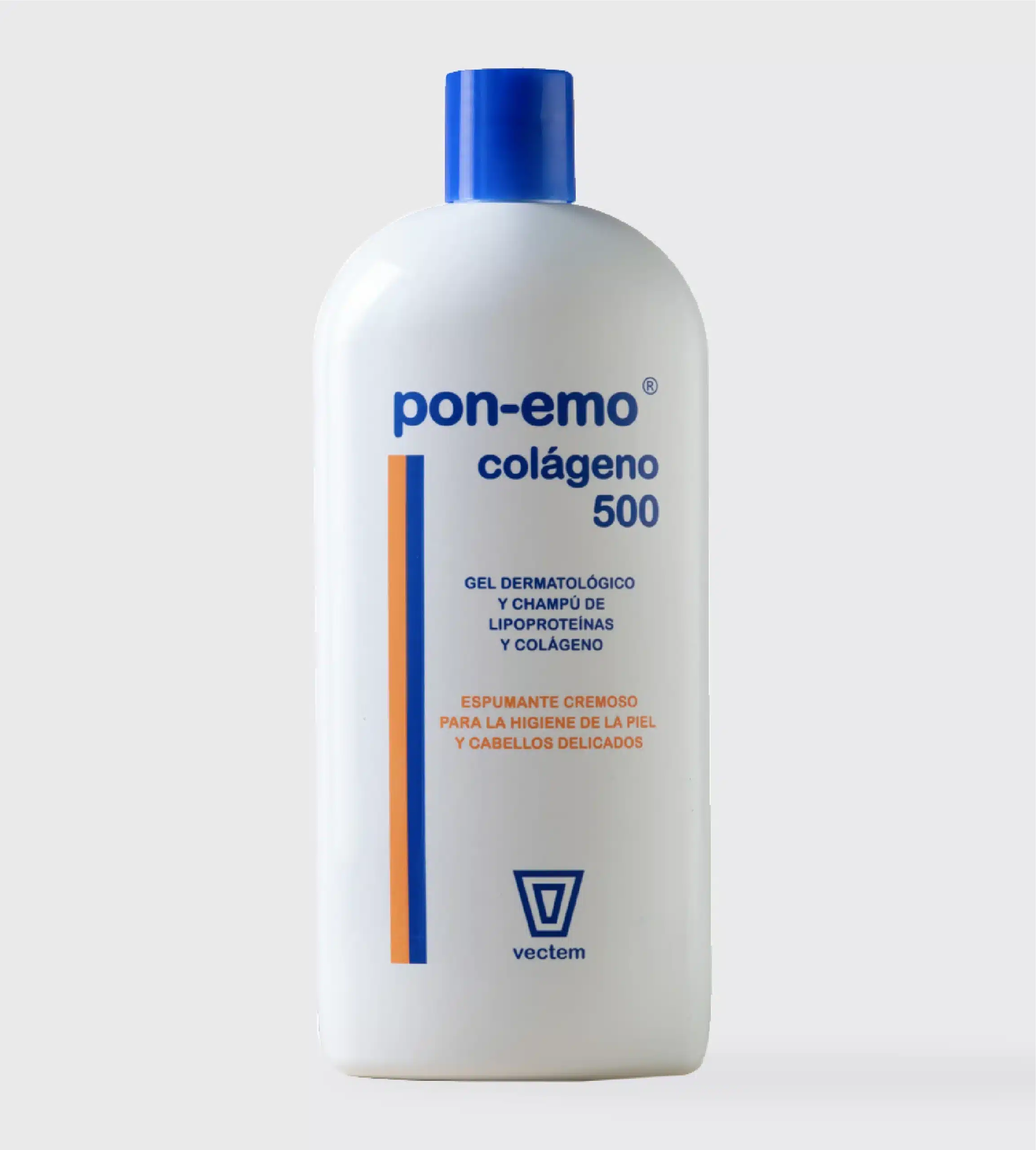Flacon de 500ml și cutie cu gel de duș și șampon dermatologic cu colagen pentru ten uscat și păr uscat.