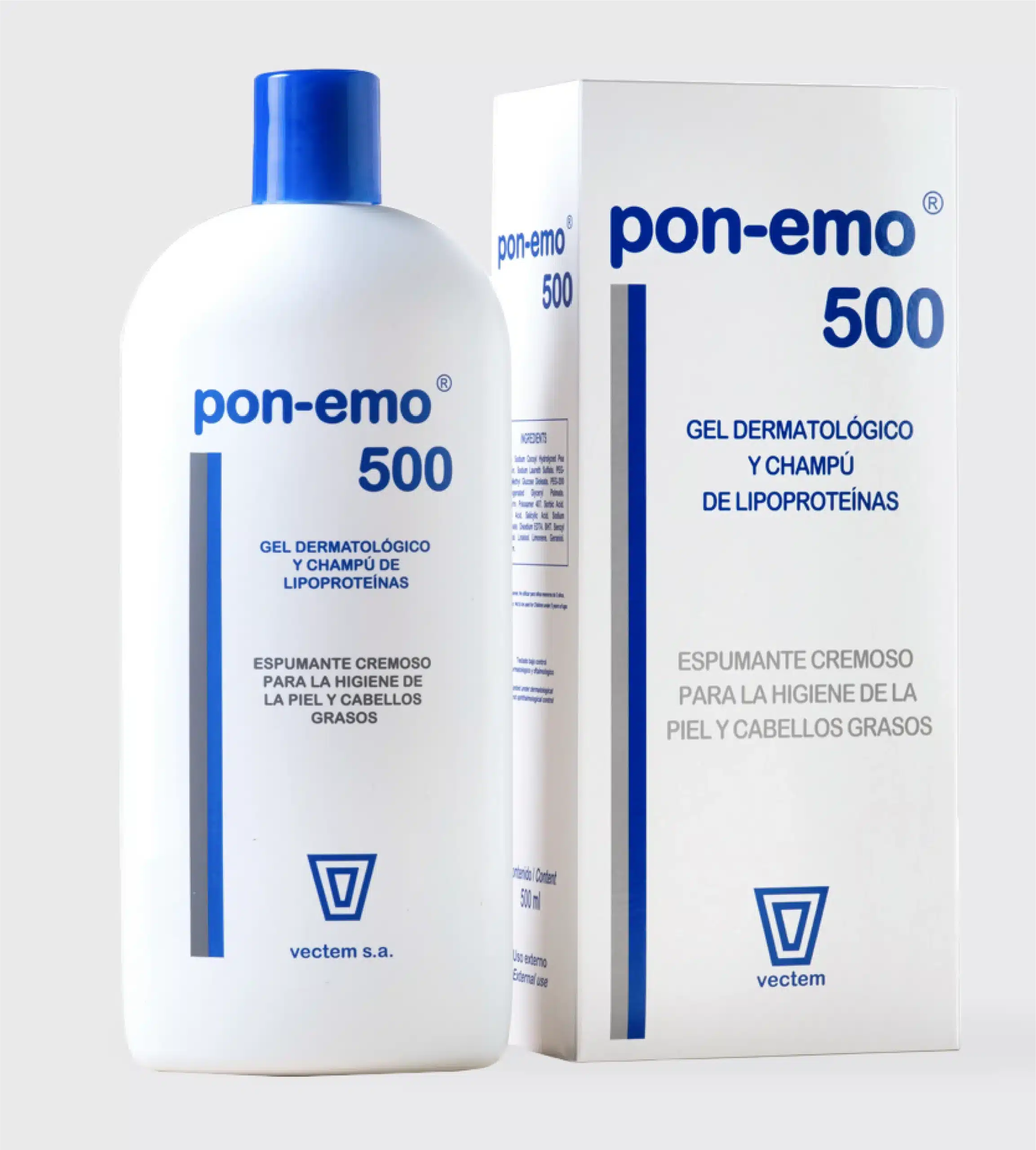 Flacon de 500ml și cutie cu gel de duș și șampon dermatologic pentru ten gras și păr gras