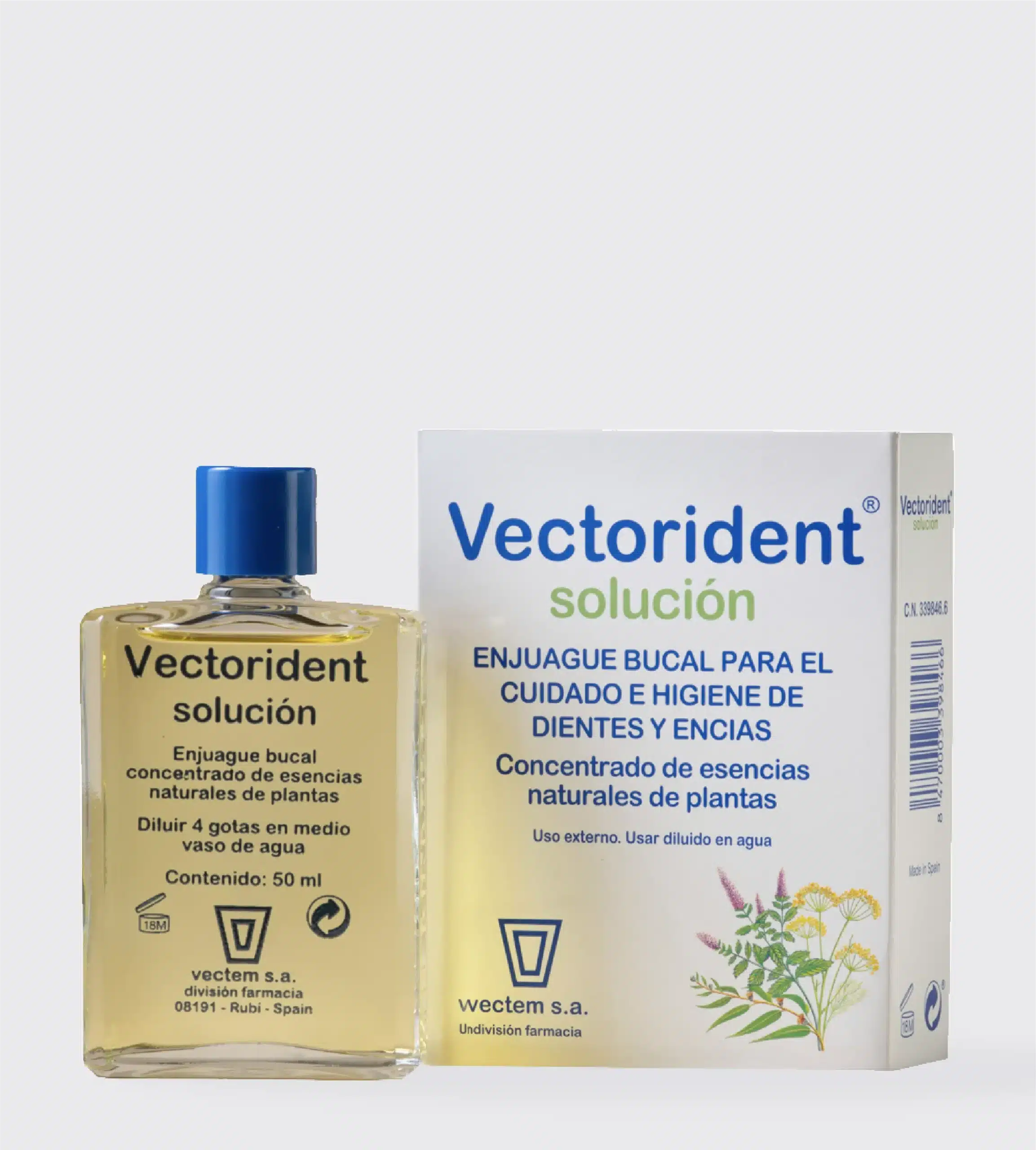 Cutie și flacon cu apă de gură Vectorident Soluție pentru îngrijire orală completă